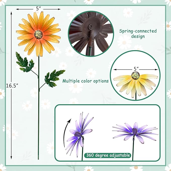 Metal Flowers for Outside, 8 Pack Decorative Garden Stakes with Spring Design, 16.5 Inch Handmade Iron Outdoor Metal Garden Decor, Flickering Daisy Yard Art for Patio Lawn