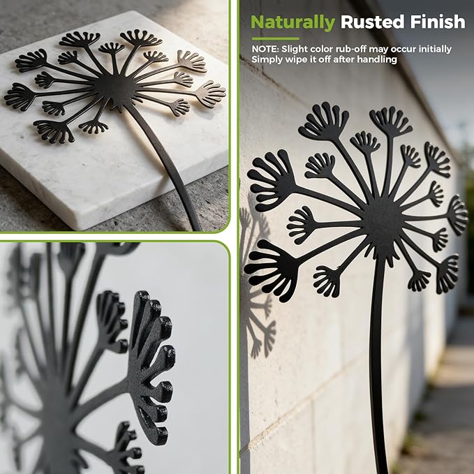 KODIBO 5-Pack Black Dandelion Metal Garden Stakes Outdoor Decor, Matte Powder-Coated Yard Stakes Set, Metal Yard Art, Modern Minimalist Garden Accents for Lawn, Borders, Planters, Porch & Patio