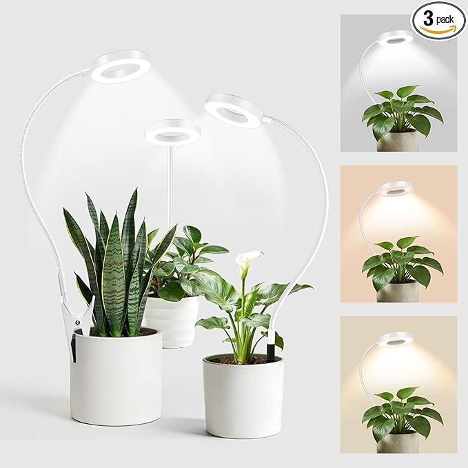LORDEM Indoor Plant Grow Lights with 6/8/12/16H Auto Timer, 3 Spectrum Modes, Full Spectrum LED, Adjustable Height, for Small Plants, 3 Pack White