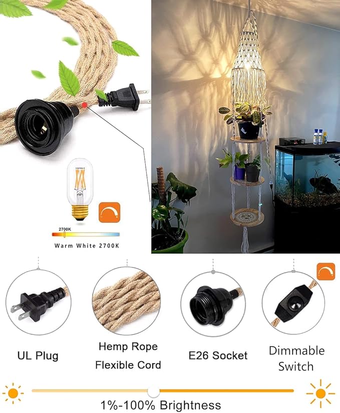 QIYIZM Boho Plug in Pendant Light Hanging Light with Plug in Cord,Dimmable Switch Hanging Lamp Macrame Lamp Shade and Plant Holder Shelf Indoor for Bohemian Decor Bedroom Corner Living Room