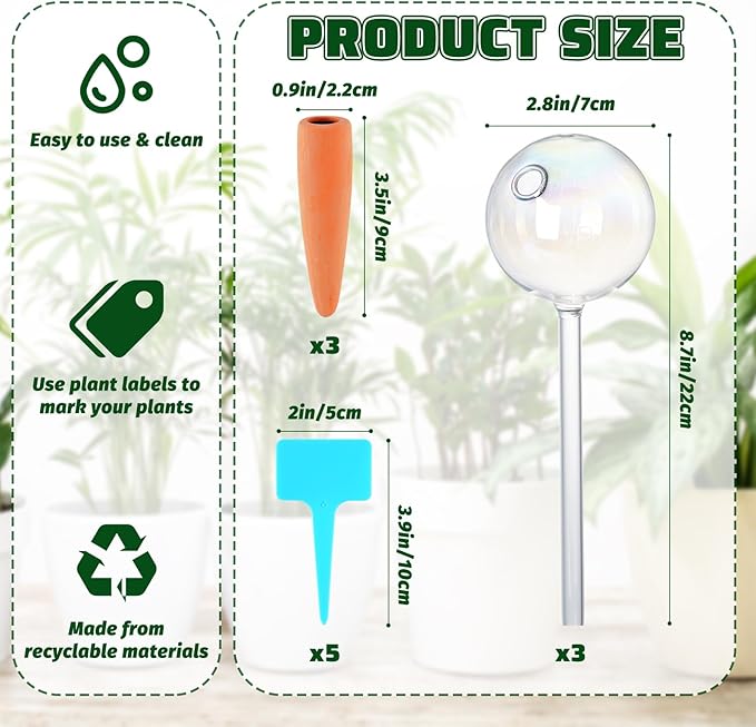 3PC Plant Watering Globes, 6 oz Upgraded Iridescent Self Watering Globes with Terracotta Stakes & 5 Plant Labels, Auto Glass Watering Bulbs for Indoor Plants, Rainbow Vacation Plant Watering Devices