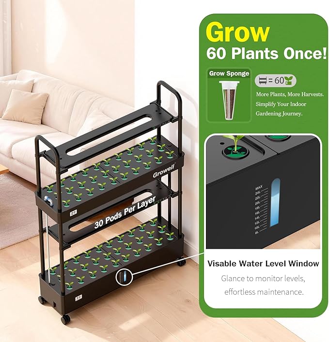 Growell Large Hydroponics Growing System Kit, 60 Pods Vertical Indoor Herb Garden Kit with 2 Light Modes & Auto Circulating Water System, 32L Movable Indoor Gardening System for Herb Vegetable Fruit