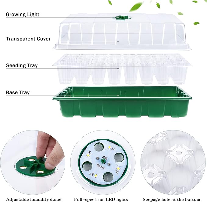 Hahood 3 Pack Seed Starter Tray Kit with Grow Light Germination Trays with Humidity Dome, 120 Peat Pellets, Gardening Tools, Plant Labels, Plant Growing Trays for Seeds Growing Starting, Green