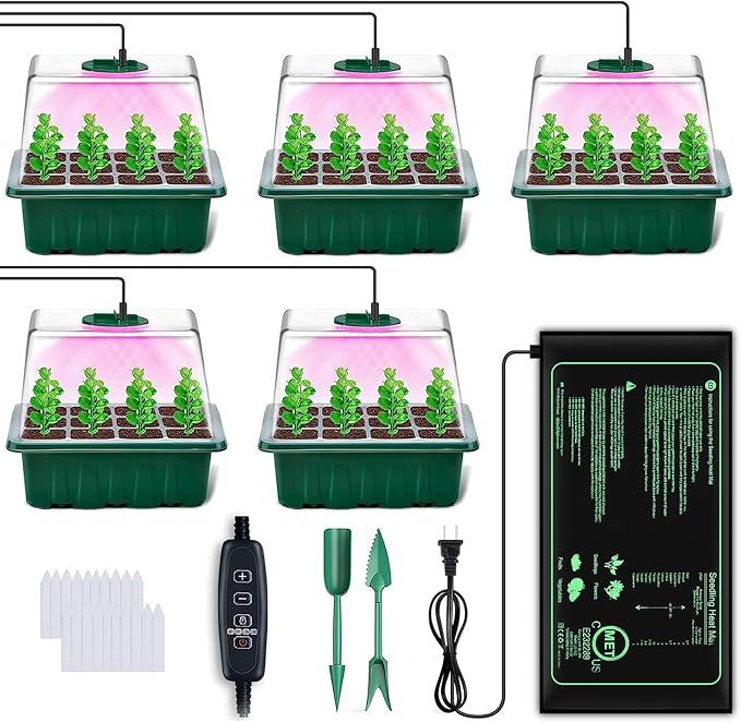 YAUNGEL Seed Starter Tray with Grow Light, 5 Pack Seed Starter Kit with Heat Mat, Seedling Starter Trays with Timing Controller Adjustable Brightness, Thicken Trays with Humidity Domes