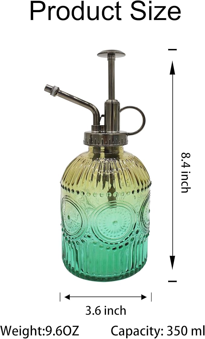 Glass Plant Mister Spray Bottle, 350ML Vintage Plant Spritzer with Top Pump Watering Can for Indoor Outdoor House Plants, Flowers (Gold-Green)