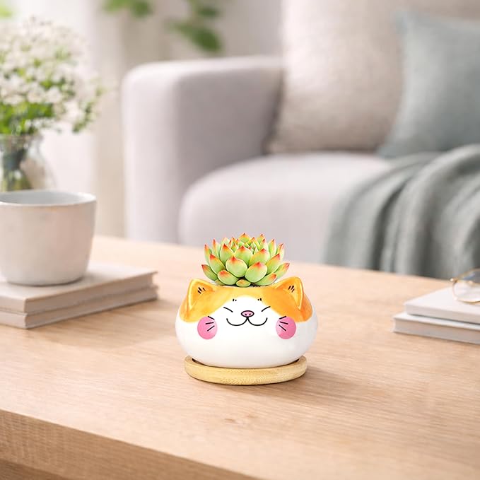 Cute Cat Animal Ceramics Planter Succulent Pot with Drainage, Plant Pot for Indoor Mini Plants Flower Cactus, Home and Garden Decor Fun Gifts