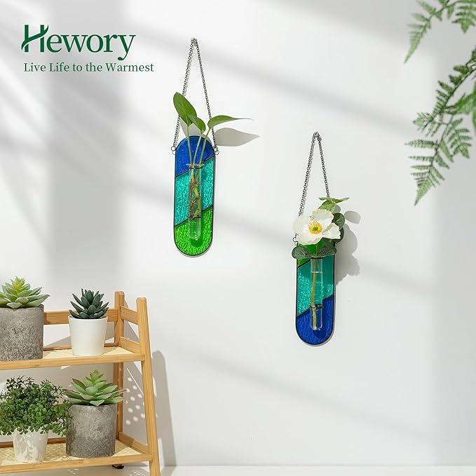 Hewory Stained Glass Plant Propagation Hanging 2 Pcs Propagation Station Planters for Window Decor - Unique Hydroponic Propagated Plant Holders for Kitchen Gifts for Mom