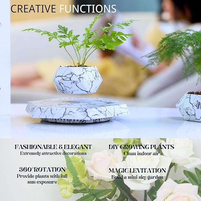 LMingKun Levitating Plant Pot - Floating Plant Pot for Small Plants. Levitating Decor for Home & Office Magnetic Floating Levitating Display (Imitation Marble)