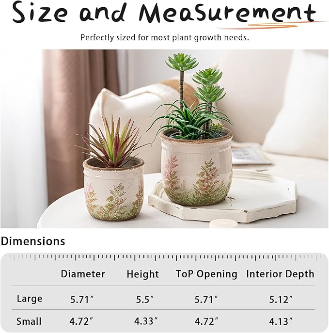 SURE YUESI Vintage Pink & Green Ceramic Planter Set of 2, 4.7” & 5.7” Rustic Flower Pots for Indoor Plants, Decorative Home & Garden Plant Pots