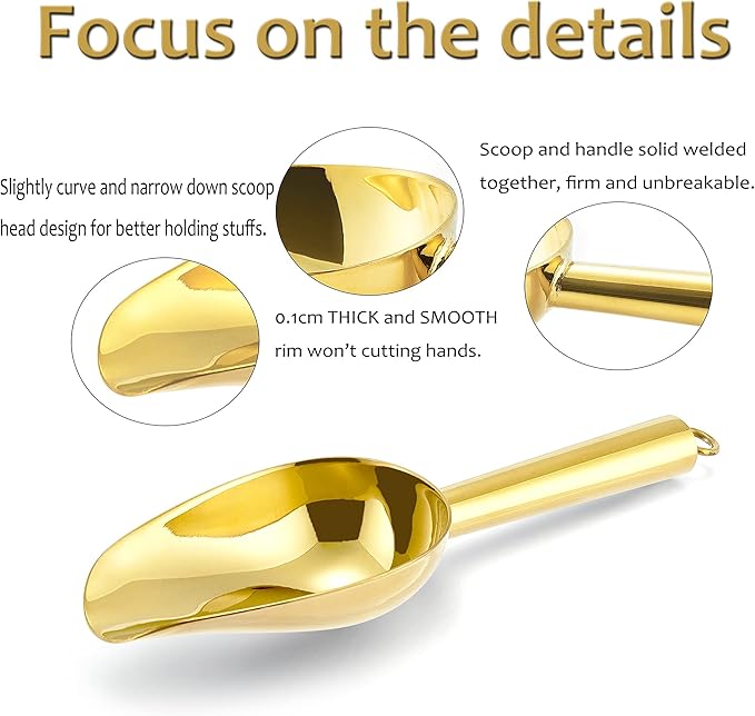 Mini Ice Scoop Set of 8, E-far 3 Ounce Gold Stainless Steel Scoops for Candy/Flour/Sugar, Small Metal Scoops for Party/Canisters Jars/Kitchen Bar/Ice Maker, Rust Proof & Dishwasher Safe