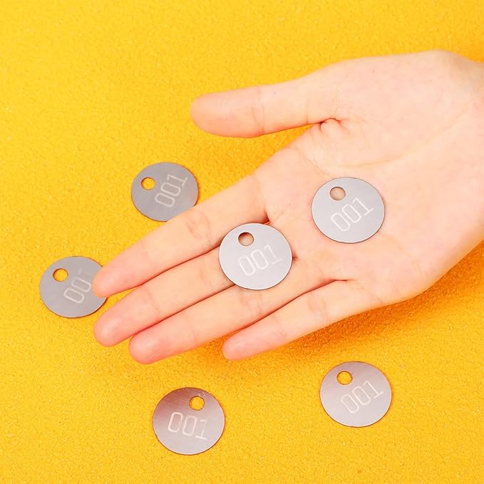 Round Tag 1-1/4 Inch Small Circle Metal Tags Number Options 001-050 Stamping Tag with Hole for Pets, Plants, Doors (100 Pieces)