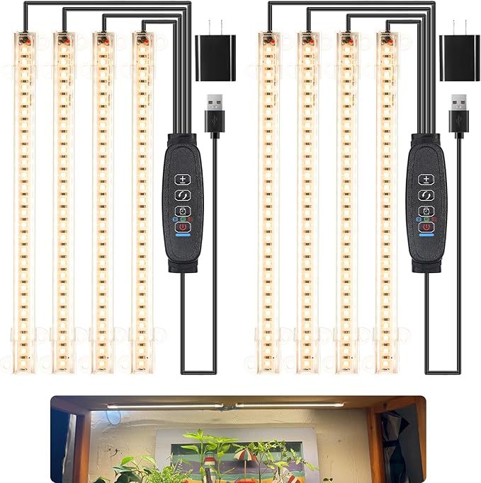 8.6'' LED Grow Light Strips, Full Spectrum 3500K Grow Lights for Indoor Plants, 4 Head with 3/9/12H Timer, 10 Dimmable Levels, Suitable for Seedling, Succulent, Plant Shelf and Greenhouse, 2-Pack