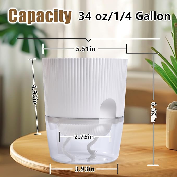 3 Pack - 5.5 Inch Self Watering Planter Pots for Indoor Plants - African Violet Pots with Wick Rope - White