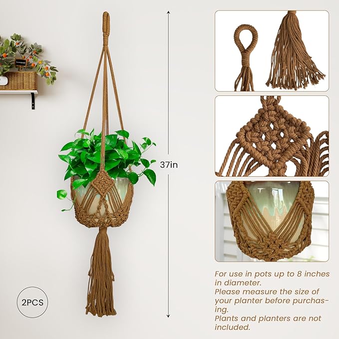 Hanging Planter with Patterns,2Pcs Macrame Plant Holder Rope with S Shaped Hooks,Indoor Macrame for up to 8 inch Pot Crochet,Boho Plant Hanger Holder for Indoor Outdoor
