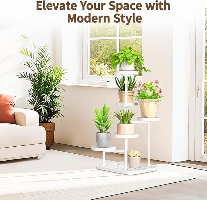 LASZOLA 5 Tier Tall White Plant Stand Rack Indoor Outdoor House, Heavy Duty Multi Level Metal Organizer, Vertical Narrow Unique Spiral Folwer Holder, Plastic Marble Decor for Patio Bathroom Office