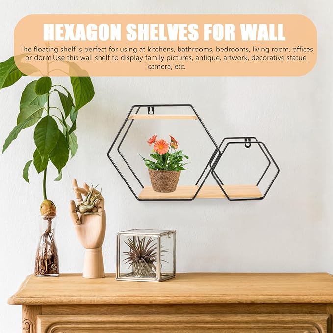 HOMSFOU Hexagon Wall Shelves Floating Wood and Metal Wall Mounted Storage Shelf Black Geometric Display Rack for Bedroom Home Décor Planter Pot Holder