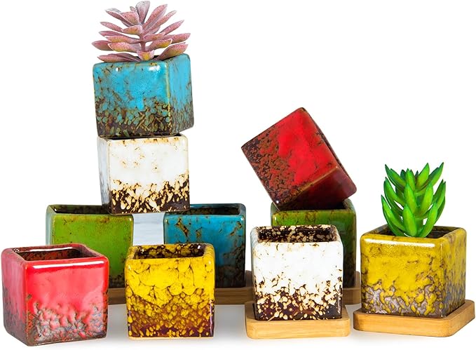 Set of 10 Succulent Pots with Drainage Trays, 2.1 Inch Ceramic Pots for Indoor Flower Plants, Small Square Cactus Planter Pots Bulk for Garden Home Desk Windowsill Decor