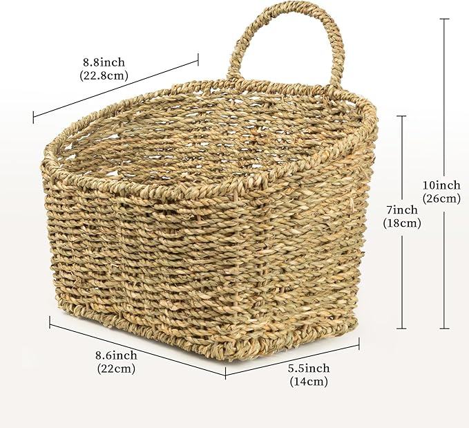Hanging Wall Basket Handwoven Wicker Basket for Plants, Flowers & Storage, Rustic Farmhouse Wall Decor Organizer, Natural Seagrass