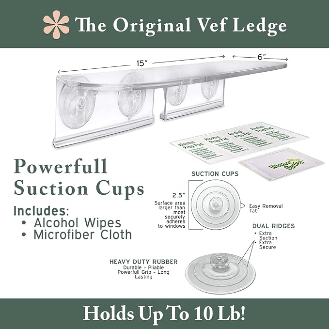 Window Garden Double Veg Ledge - Window Shelf for Plants, Clear Acrylic Shelves - Suction Cup Indoor Plant Holder - Glass Window Sill Extender for Microgreens Kit, Seed Starter Pots, Planters (2 Pack)