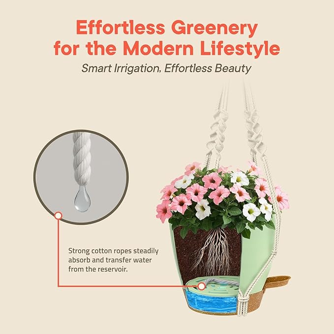 Green Self Watering Pots 5 Pack, Indoor and Outdoor Plant Pots with Wick Rope & Drainage Holes, Easy Watering Lip, Lightweight Plastic Self Watering Planter for Succulents, Houseplants, and Herbs