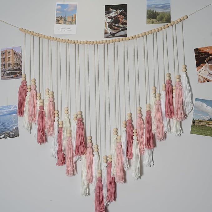 Macrame Hanging Photo Display Wall Decor, Macrame Photo Wall Hanging Boho Room Bedroom Wooden Beads Garland Picture Holder Photo Display Cilp with 30 Clip