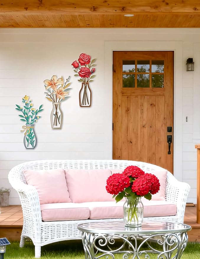 AXHoustake 3 Piece Metal Flower Wall Decor Set - DIY Rustic Colorful Floral Wall Art for Bathroom, Kitchen, Living Room, Bedroom - Farmhouse Metal Wall Art with Lily, Rose, Daisy - Housewarming Gift