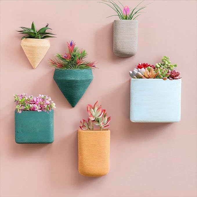 Resin Planters Geometric Wall Planters Indoor Plant Pots Colorful Wall-Mounted Flower Pots Vertical Plant Container Air Plant Holder Wall Vase for Cactus Succulents Herbs and More … (6 Mixed)