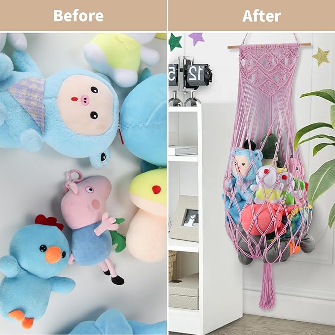 Stuffed Animal Hammock Corner, 63 Inch Jumbo Macrame Ceiling Toys Net, Light Pink Wall Hanging Organizer Holder Plush Storage Display Net with Led Light for Nursery Playroom Kid Room Decor Gift