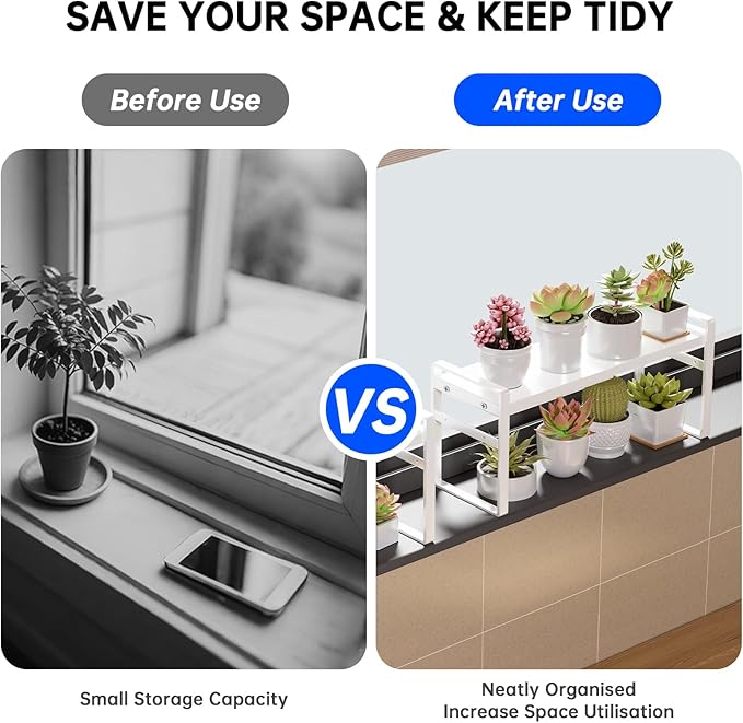 1pc Small Narrow Tall Shelf for Windowsill Kitchen Organizer Stackable Shelves Bathroom Sill Thin Shelves for Narrow Spaces Counter Top Racks (White, L13.8-23.6'' * W5.9'' * H7.5'')