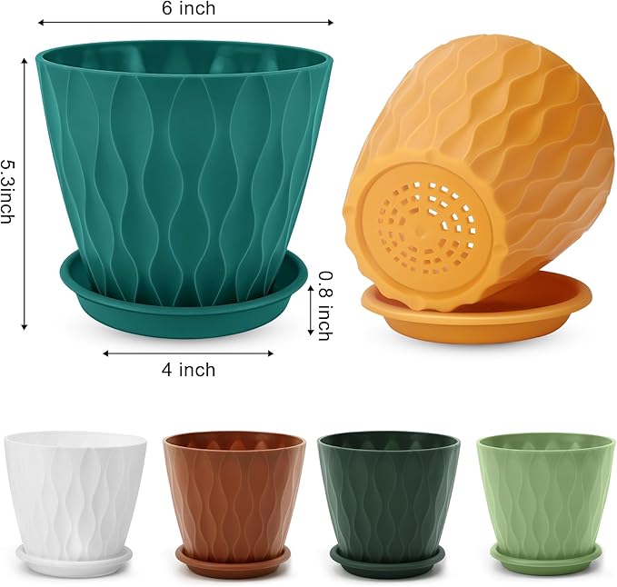 YNNICO 6 inch Plant Pots, 6 Pack Flower Pots Outdoor Indoor, Planters with Drainage Holes and Tray Saucers-Multicolor