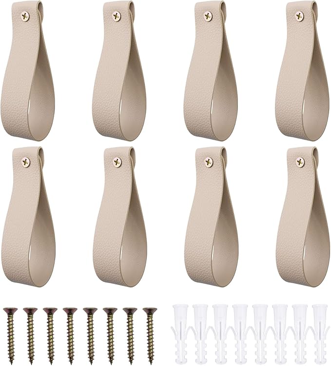 Curtain Rod Holders,Set of 8 Leather Curtain Rod Brackets with Screws,PU Curtain Rod Hangers,Leather Straps Hooks for Wall Pole Macrame Boho Art Décor, Beige