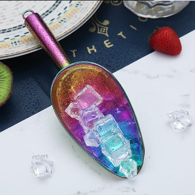 Berglander Stainless Steel Rainbow Ice Scoop 6 OZ, Titanium Colorful Plating Metal Ice Scooper For Ice Maker Multipurpose For Candy Wedding Kitchen Bar Party Pet Animal Dog Food Scoop Beach Shovel