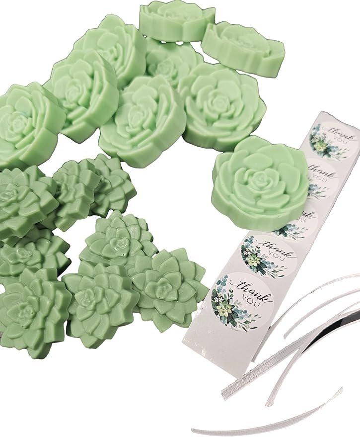 DIY Succulent Shaped Soap Favor Kit – 20 Green Cactus Blossom Scented Soaps with 10 Thank You Stickers, 10 Clear Cello Bags, and White Ribbons – Perfect for Baby Showers, Bridal Showers, Wedding