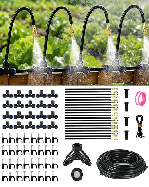 130FT Drip Irrigation System for Garden: 20 Nozzles 1/4" PE Tubing Automatic Watering Kit Adjustable Misting Sprinkler Mister Hose for Water Plants Tape Raised Beds Lawn Outdoor Yard Greenhouse