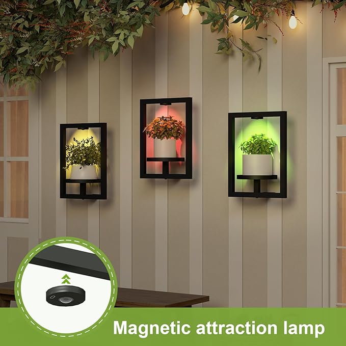 BAOYOUNI 2 Pack Picture Frame Wall Plant Holder with 15 Color Lights, Metal Window Plant Shelf, Modern Floating Plant Stand for Indoor Outdoor Patio Balcony Garden Living Room Bedroom