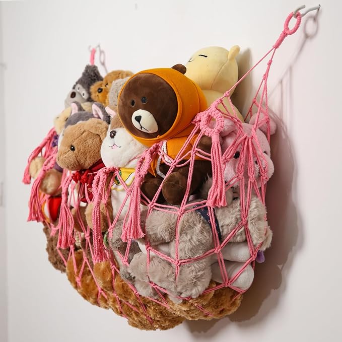 YKBU Stuffed Animal Net or Hammock Macrame Toy Diaplay Plush Toy Holder Corner Wall Hanging Net for Stuffed Animal Storage (Pink,49" W)