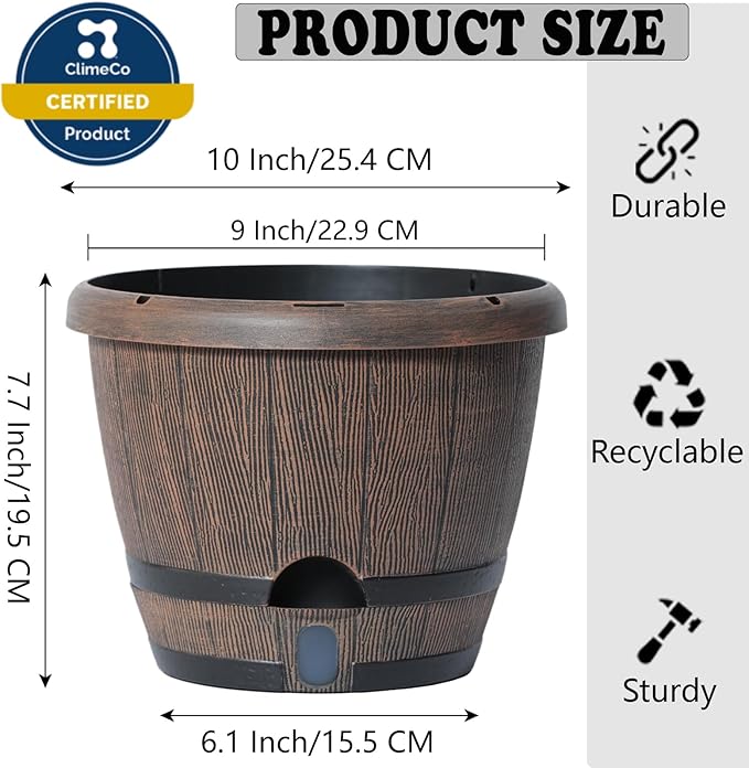 Sun-E 10 Inch Whiskey Barrel Self Watering Planters 3Pack- Brown Wood Grain with Side Water Level Indicator,Drainage Holes,Saucer&Plant Tags for Indoor Outdoor Garden Plants,Decor&Plants Not Included