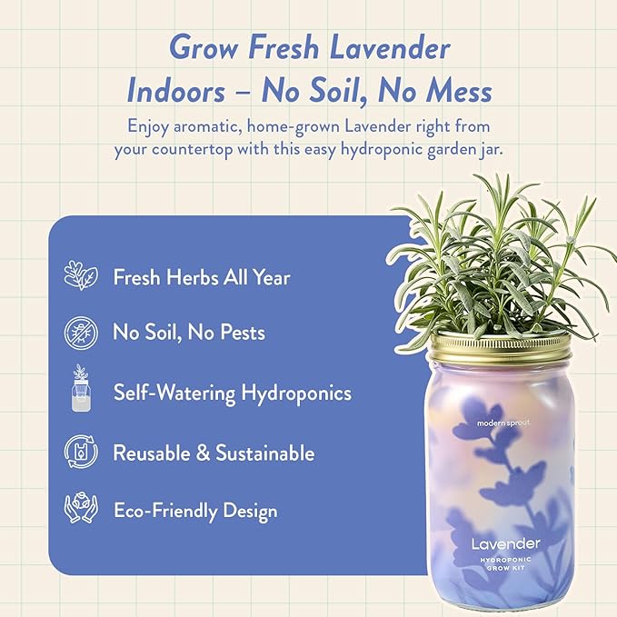 Modern Sprout Mason Garden Jar - Self-Watering Hydroponics Growing System Kit with Organic Herb Seeds - Jar Planter for Indoor Herb Garden - Seed Starter Kit - Home Decor & Gifting - Lavender