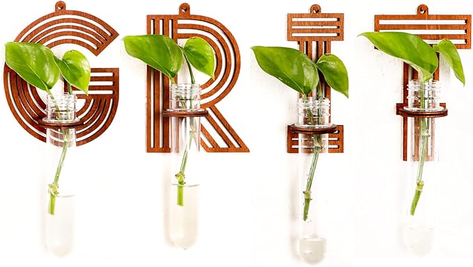 GRIT Letter Wall Propagation Planters Test Tubes Wall Decor for Hanging Plants Clear Water Plant Vase Brown Wood Upletter Alphabet Functional Art Boho 4 Pack