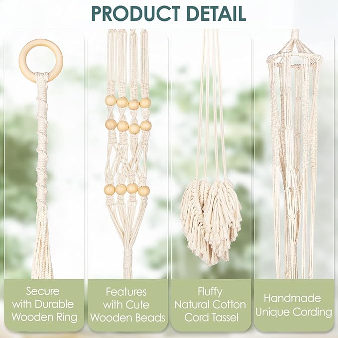 ANROYE Macrame Plant Hanger for Indoor Set of 4, Bohemian Hanging Planter with Tassels for Flower Pot, Boho Decorative Houseplant Rope Holder for Home Decor Bedroom Window Farmhouse