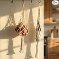 2 Packs Macrame Hanging Bag, bohemian handmade hanging storage bag for kitchen decoration. Chic breathable basket for Onion potato tomato fruit vagetale, Net Storage Kitchen Organizer (Beige)