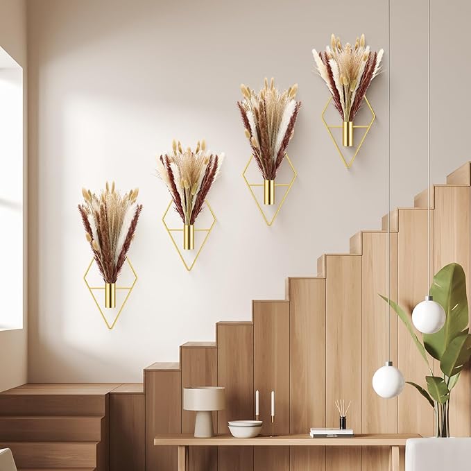 Hanaive 4 Sets Boho Gold Wall Decor Metal Wall Art Hanging Planters with Artificial Pampas Display Art Modern Home Metal Vase for Bedroom Room Home Office (Gold,Mixed Style)