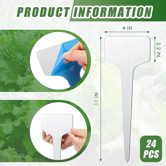 Hicarer 24 Pcs Medium Extended Size Metal Plant Labels Weatherproof Garden Markers 11" x 4" Engraving Stainless Steel 304 T-Type Reusable Nursery Plant Tags for Outdoor Garden Greenhouse Vegetables