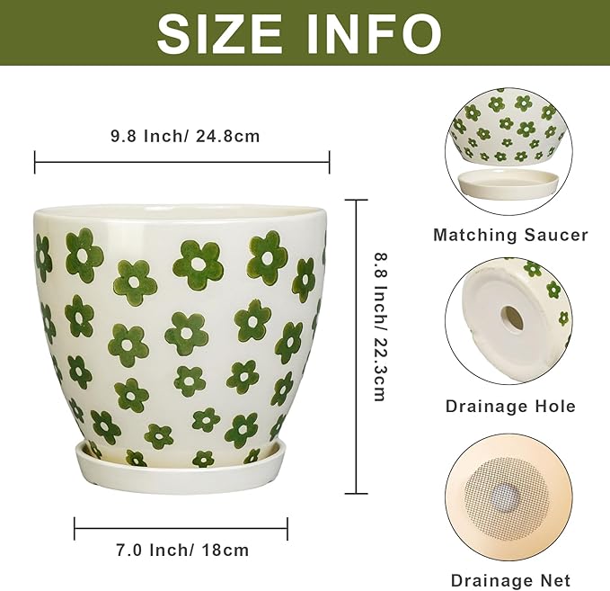 MPotTo Ceramic Flower Pot - 10 Inch Plant Pot Indoor with Drainage Hole and Saucer, Boho Round Ceramic Planter for Indoor Outdoor Plants, Plant Lover Gifts, Home Garden House Decor, White