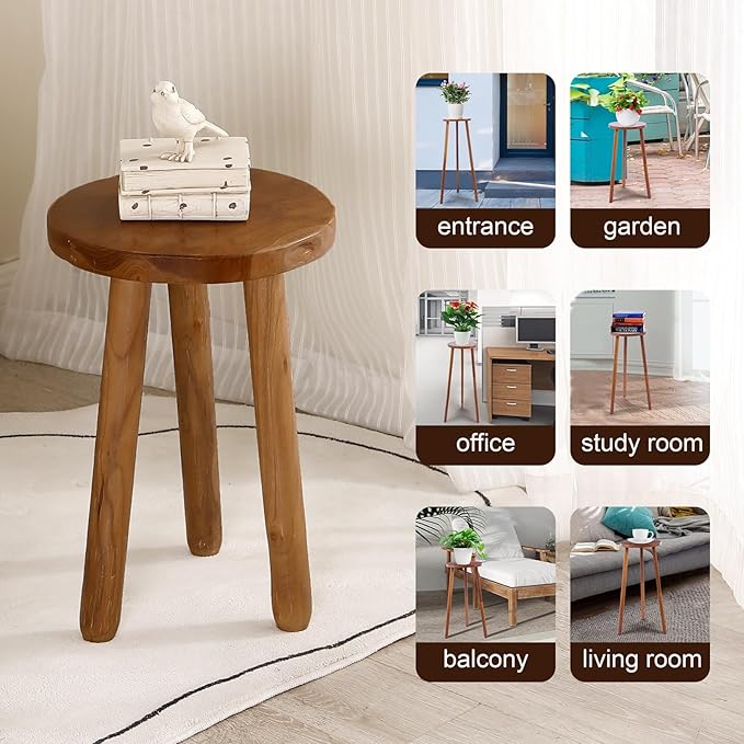 11.8" Round 18" Tall Wood Plant Stand | Teak Wood Accent Stool | Accent Table |Side Table