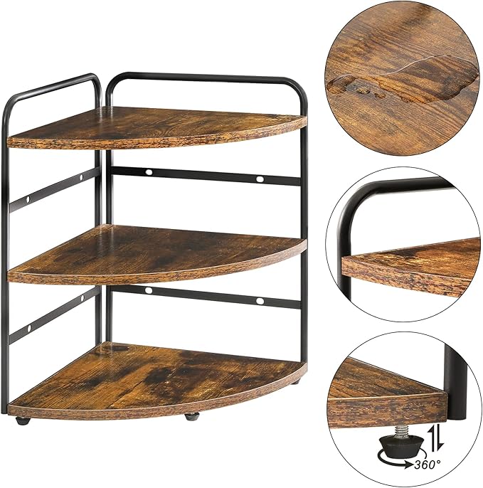 IBUYKE Corner Shelf, Kitchen Counter Organizer, Bathroom Vanity Trays, 3-Tier Spice Rack for Small Spaces,Cosmetic Storage Perfume Holder, Adjustable Height, Rustic Brown,TWJ002H