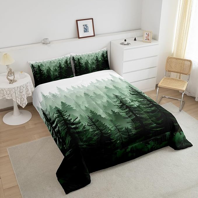 Feelyou Fog Forest Comforter Botanical Pine Trees Comforter Set for Boys Girls Children Watercolor Style Green Comforter Set Room Decor Twin Size Duvet Set 2Pcs
