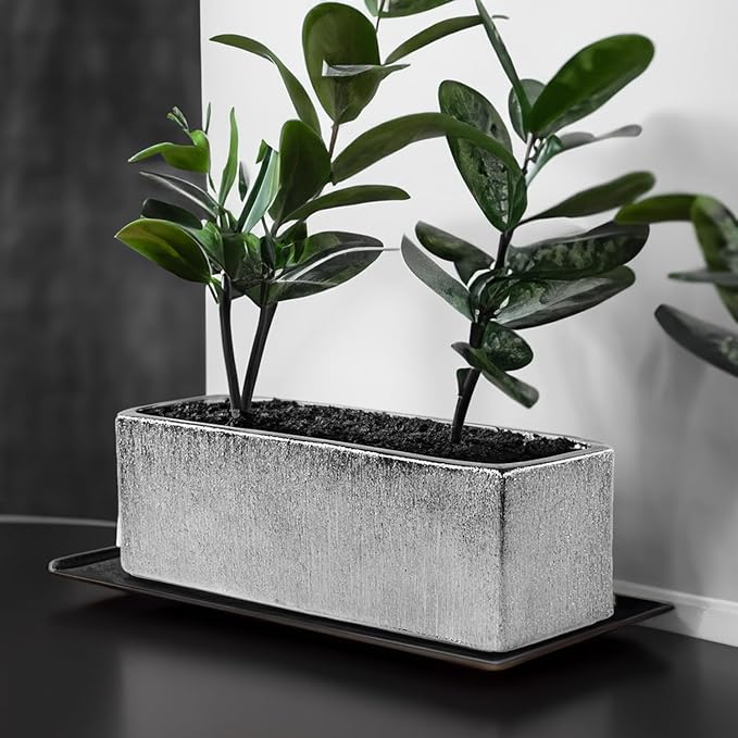 WGVI Long Rectangle Ceramic Planter Vase in Silver Etched 12" x 4" x 4"H, Block Rectangular Terrarium Box Pot, Flower Arrangement, Table top Centerpiece, Home Decor Storage Container, Bulk, 6 Pcs.