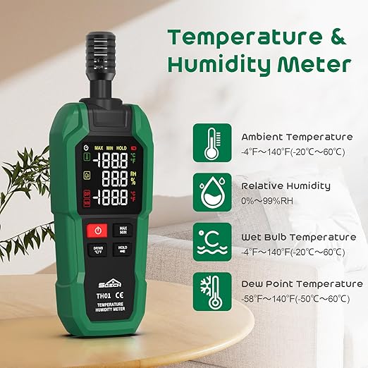 Temperature Humidity Meter, SQECH Digital Hygrometer with Ambient Thermometer,Dew Point,Wet Bulb,Flashlight,Max/Min,Data Hold,High Precision Psychrometer Monitor with Color Backlight for Home HVAC