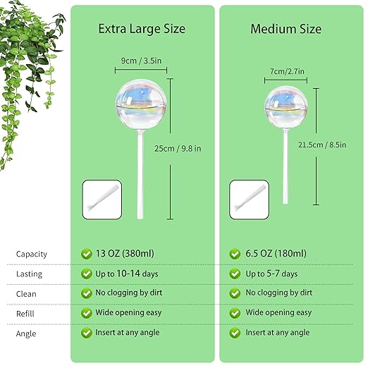 13oz Self Watering Globes (4 Pack),Large Glass Plant Water Bulbs for Vacation, Automatic Drip Irrigation,Iridescent Rainbow Watering Stakes for Indoor & Outdoor Plants (Up to 2 Weeks Hydration)